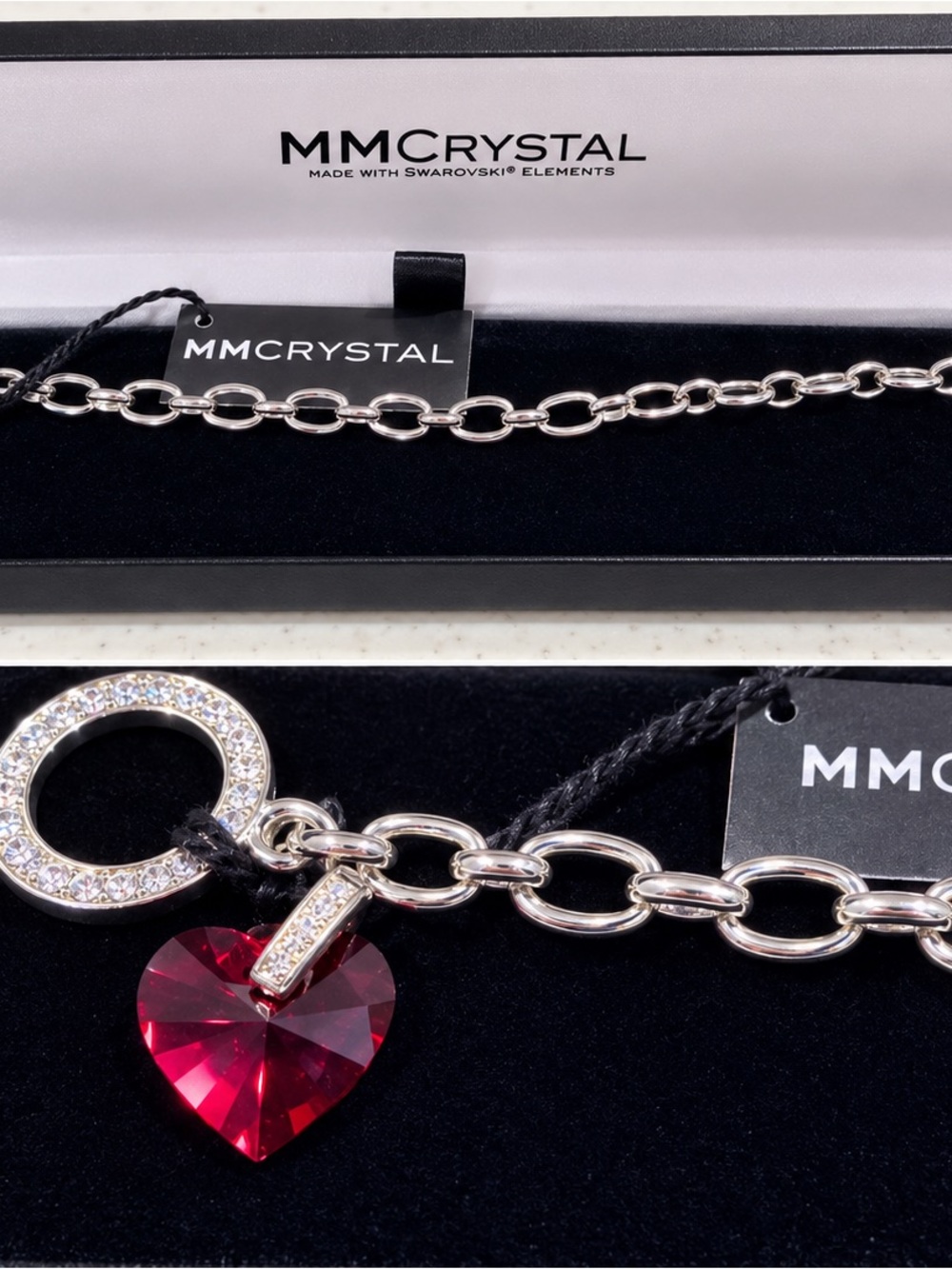 Silver Chain Bracelet with Red Heart Crystal Charm